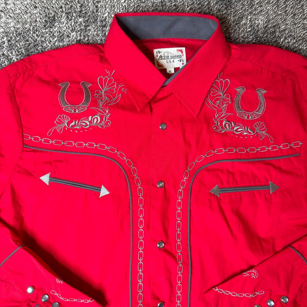 Ace of Diamond Mens Red Western Snap Shirt Horseshoe Embroidery Silver XL